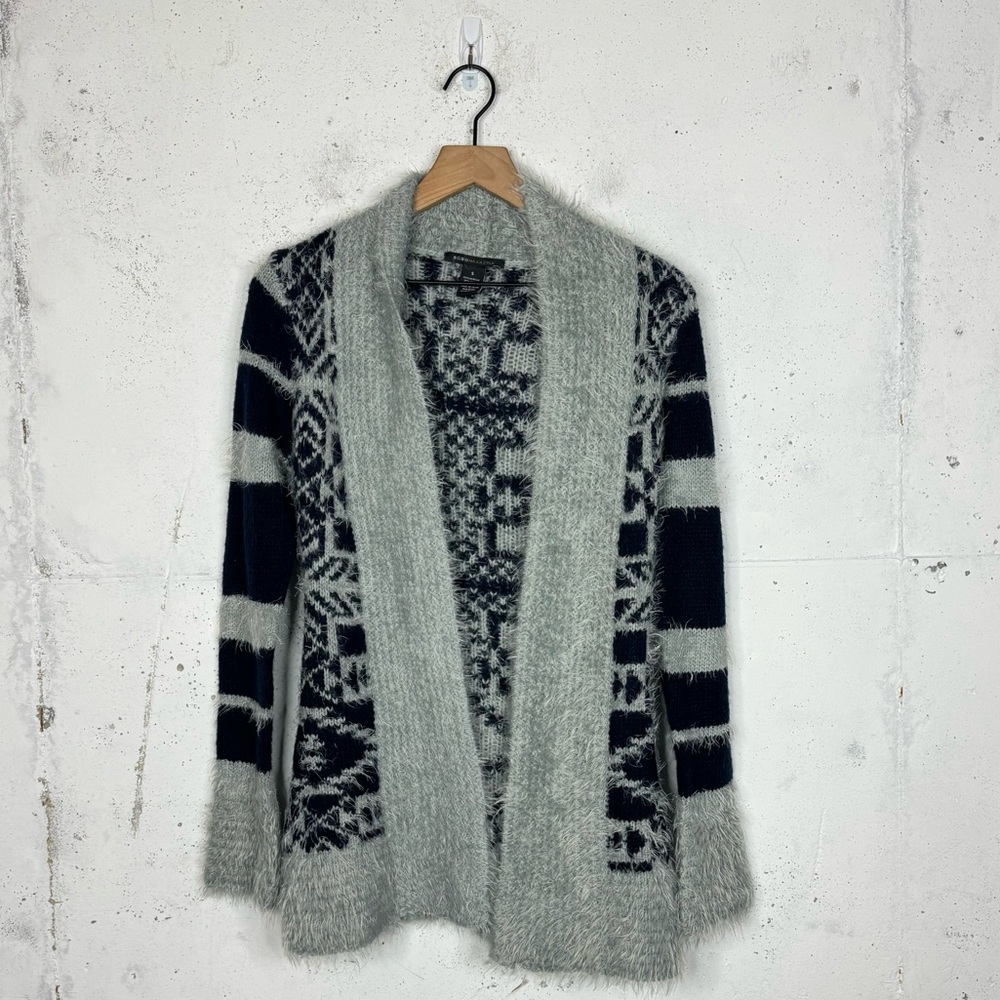 BCBGMaxazria Blue Shaggy Fuzzy Cardigan Sweater Aztec Tribal Soutgwestern Print